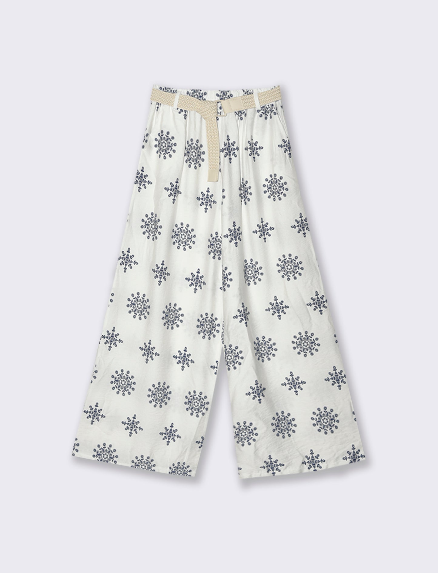 Pantalone palazzo stampato con cintura - Bianco