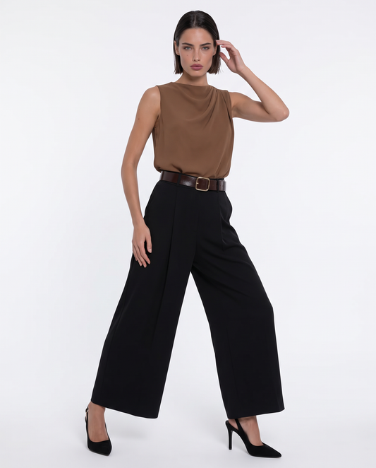 Sleeveless shawl-neck top - Brown