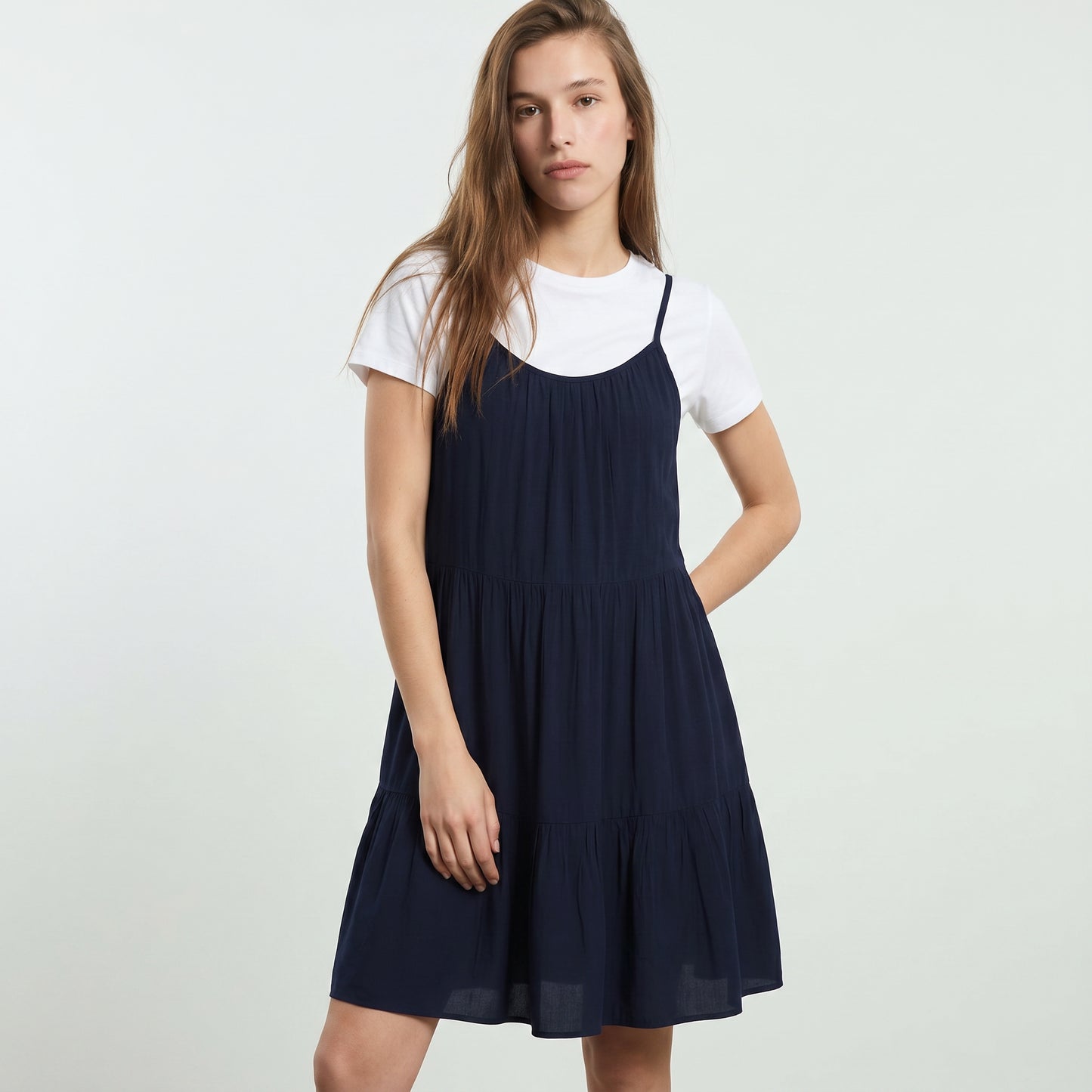 Vestito corto con bretelle e balza - Blu