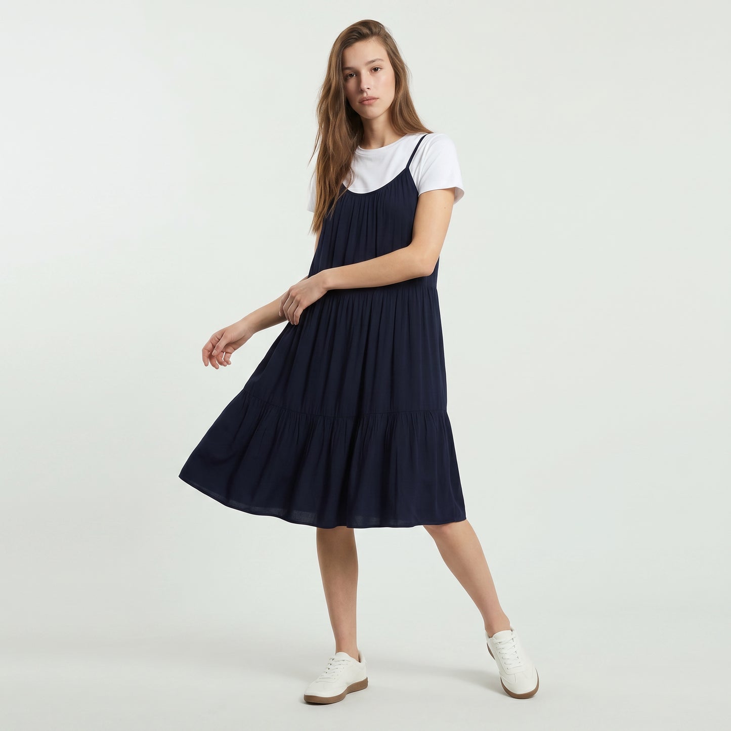 Vestito corto con bretelle e balza - Blu