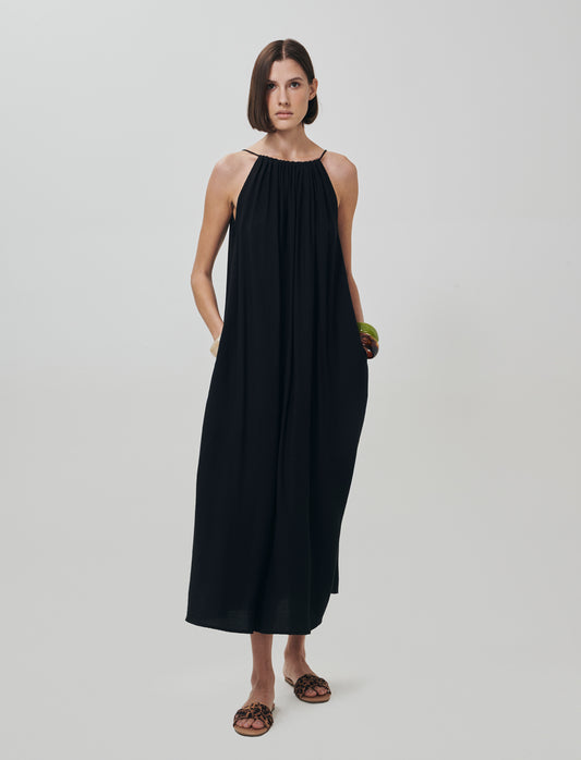 Vestito lungo con collo arricciato e svasato - Nero