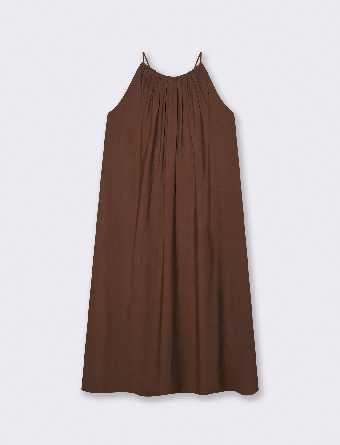 Vestito lungo con collo arricciato e svasato - Marrone cioccolato