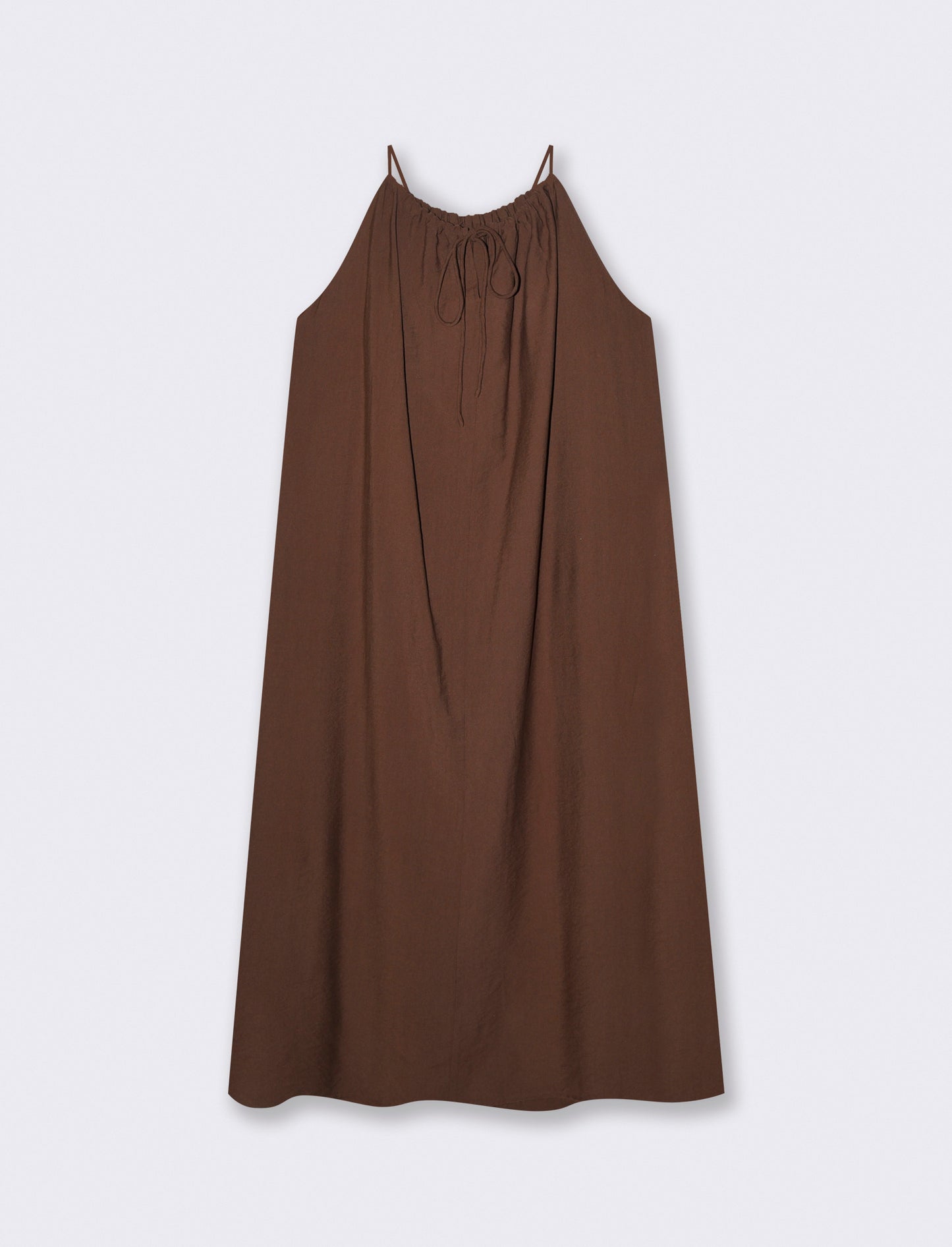 Vestito lungo con collo arricciato e svasato - Marrone cioccolato