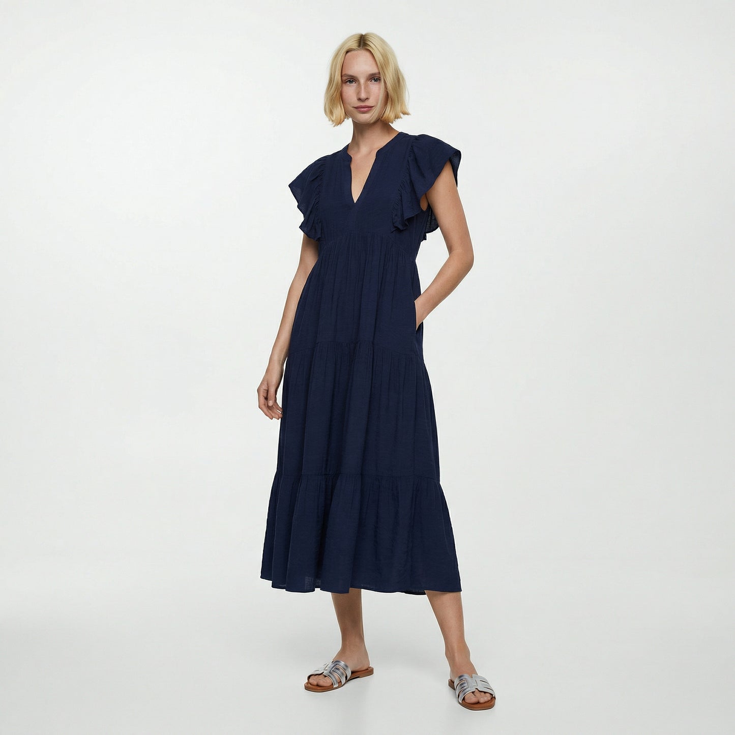Vestito lungo con scollo a V e balze - Blu