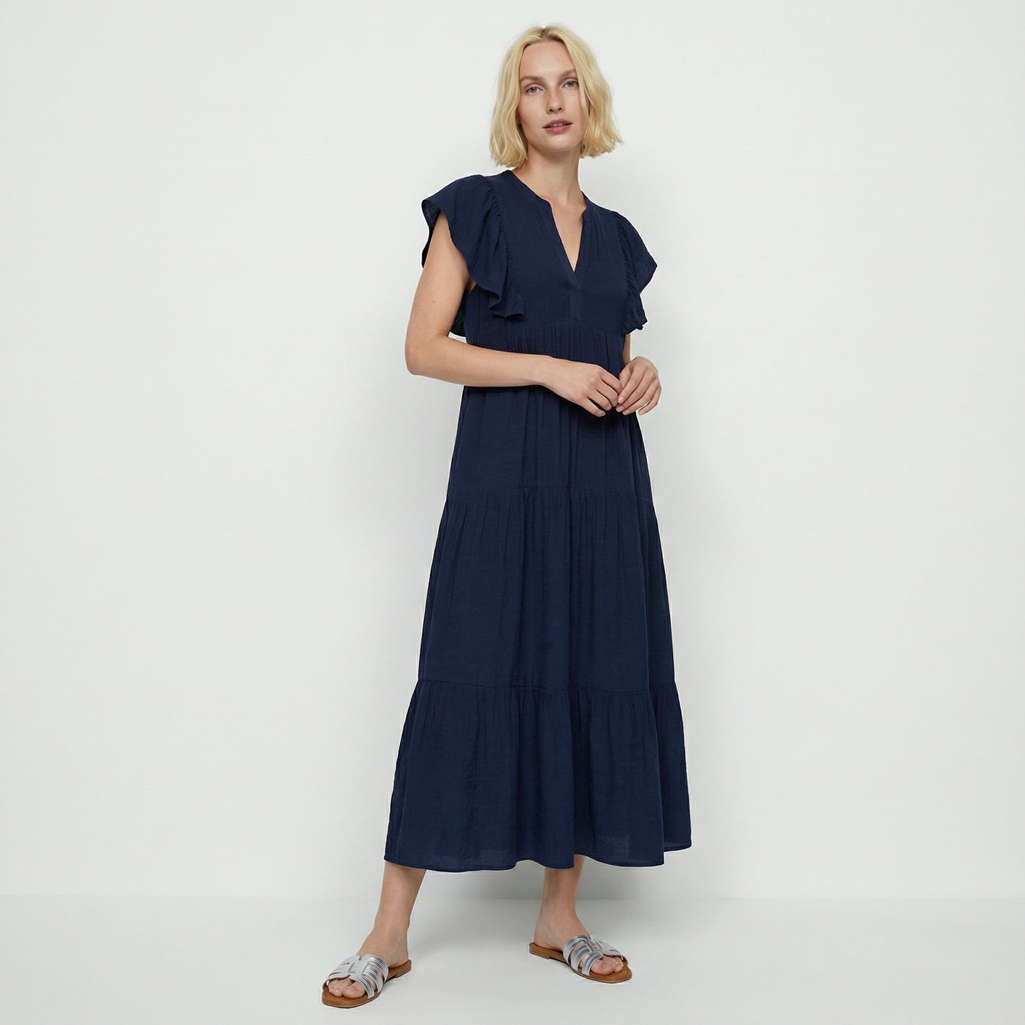Vestito lungo con scollo a V e balze - Blu