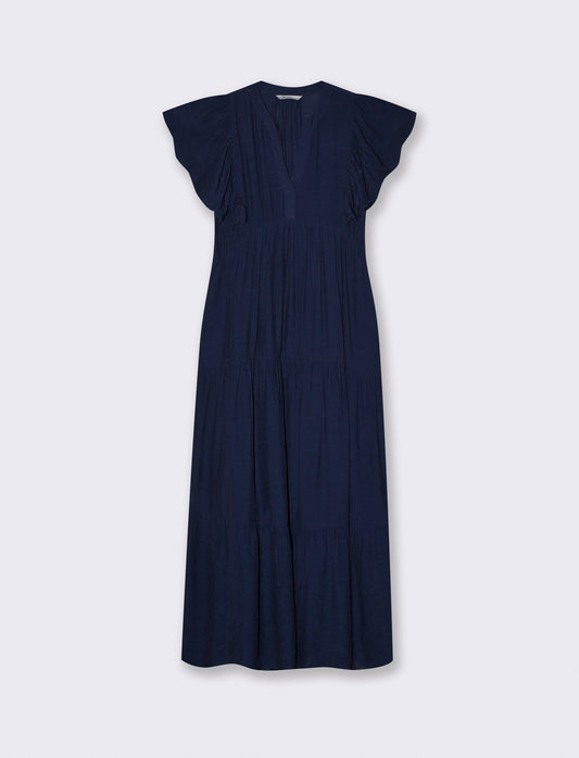 Vestito lungo con scollo a V e balze - Blu