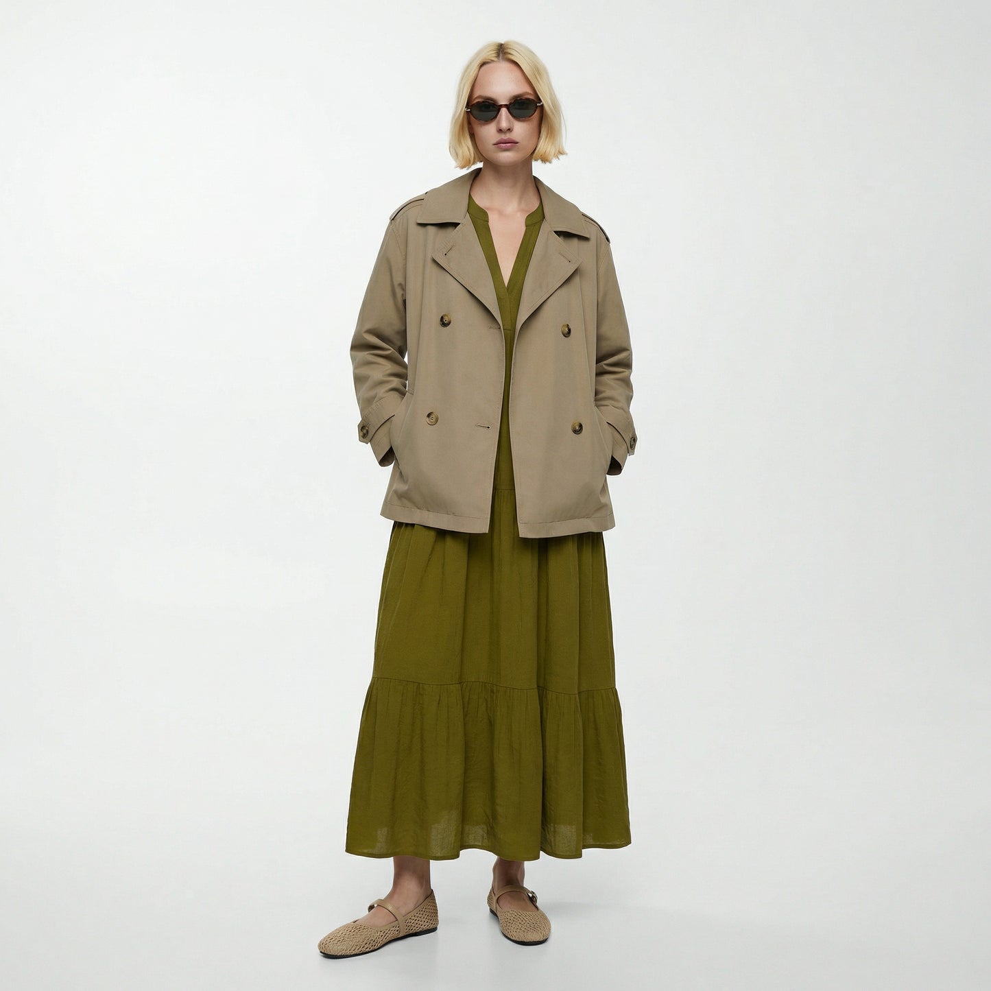 Vestito lungo con scollo a V e balze - Verde abete