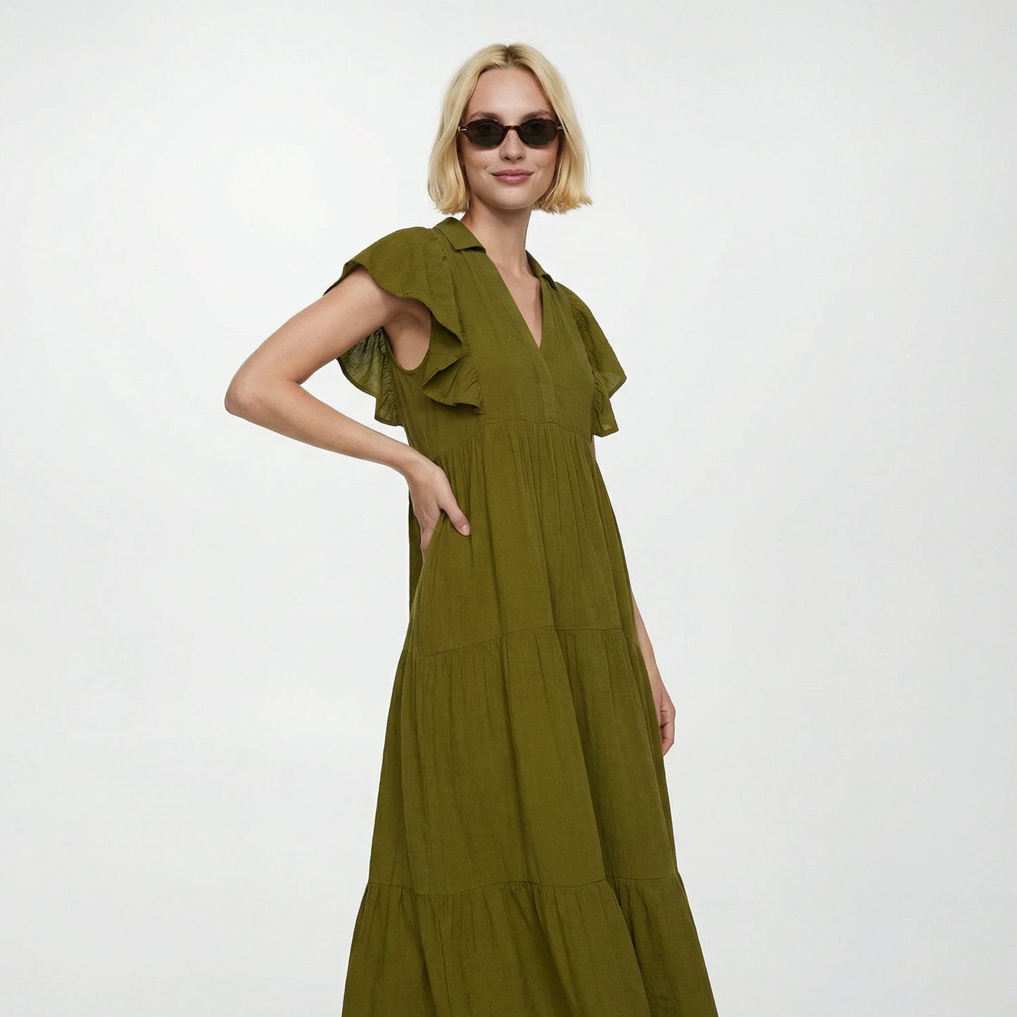 Vestito lungo con scollo a V e balze - Verde abete