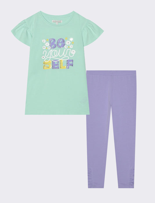 Completo estivo bambina con strass e paillettes - Verde acqua
