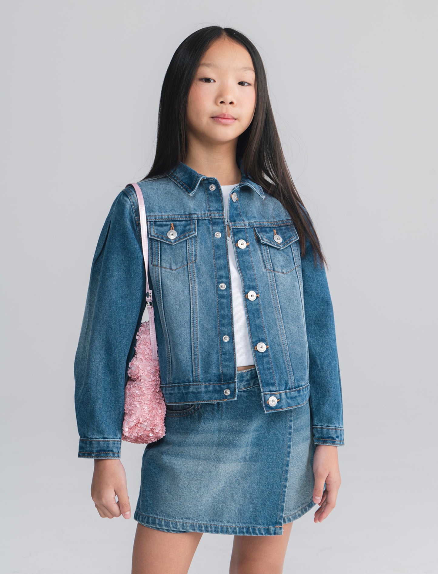Giubbino jeans bambina manica a sbuffo - Denim chiaro
