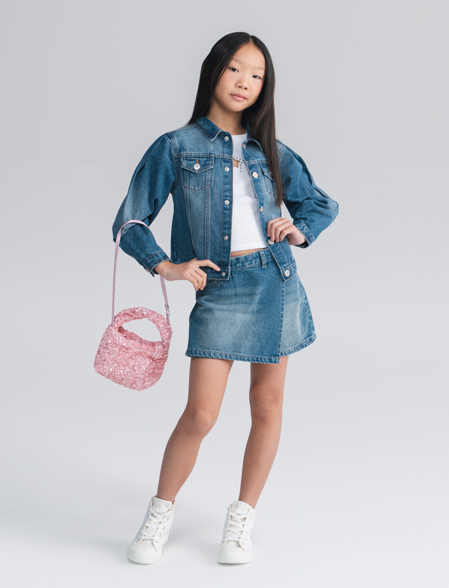 Giubbino jeans bambina manica a sbuffo - Denim chiaro