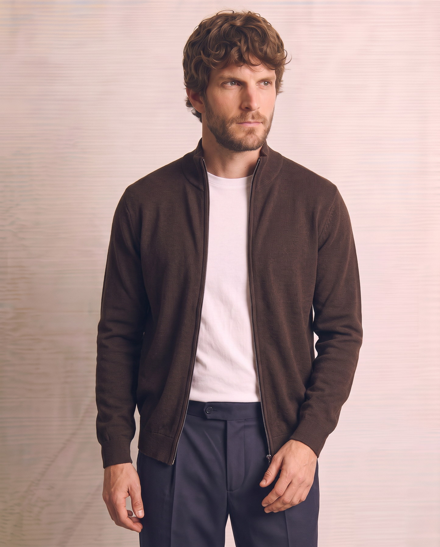 Comfort Yarn Turtleneck Cardigan - Brown