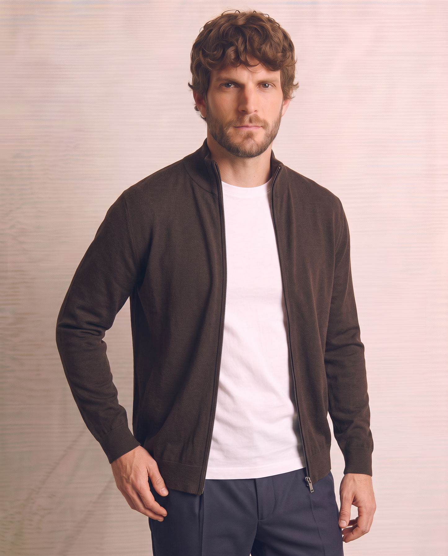 Comfort Yarn Turtleneck Cardigan - Brown