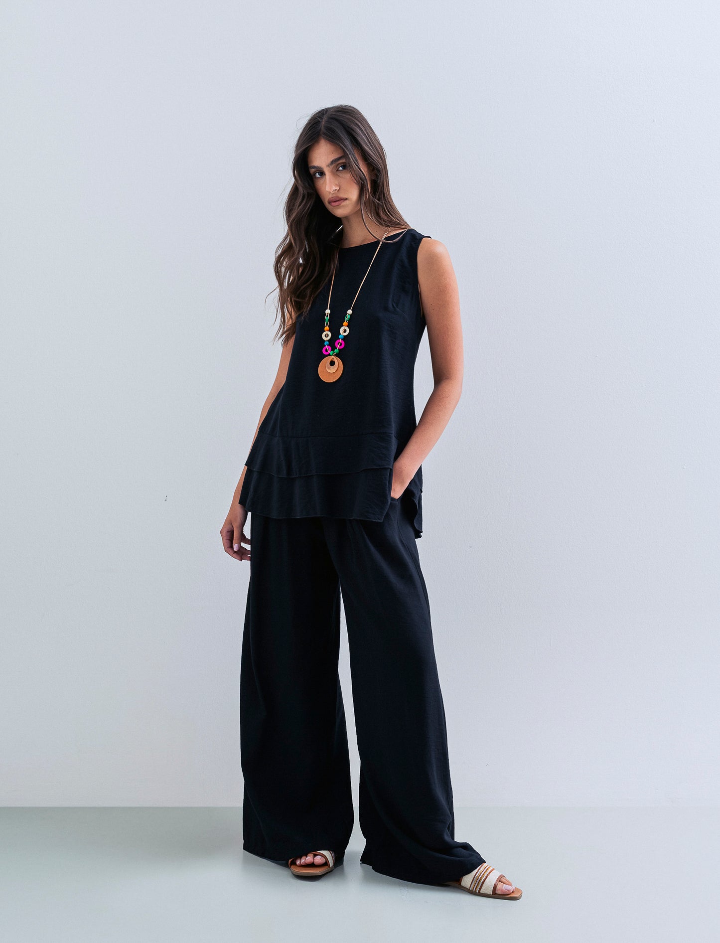 Pantalone a palazzo con cintura - Nero