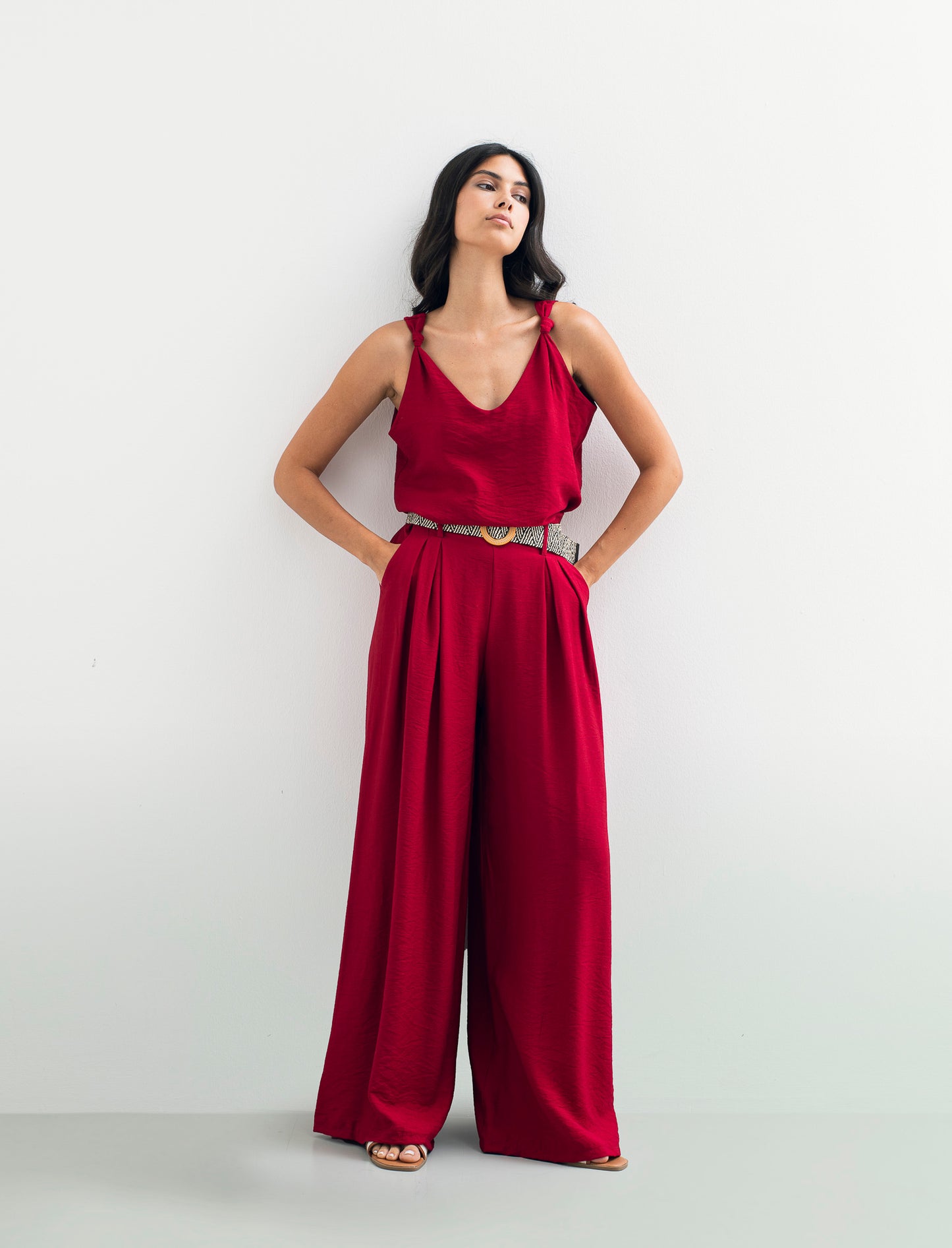 Pantalone a palazzo con cintura - Rosso india