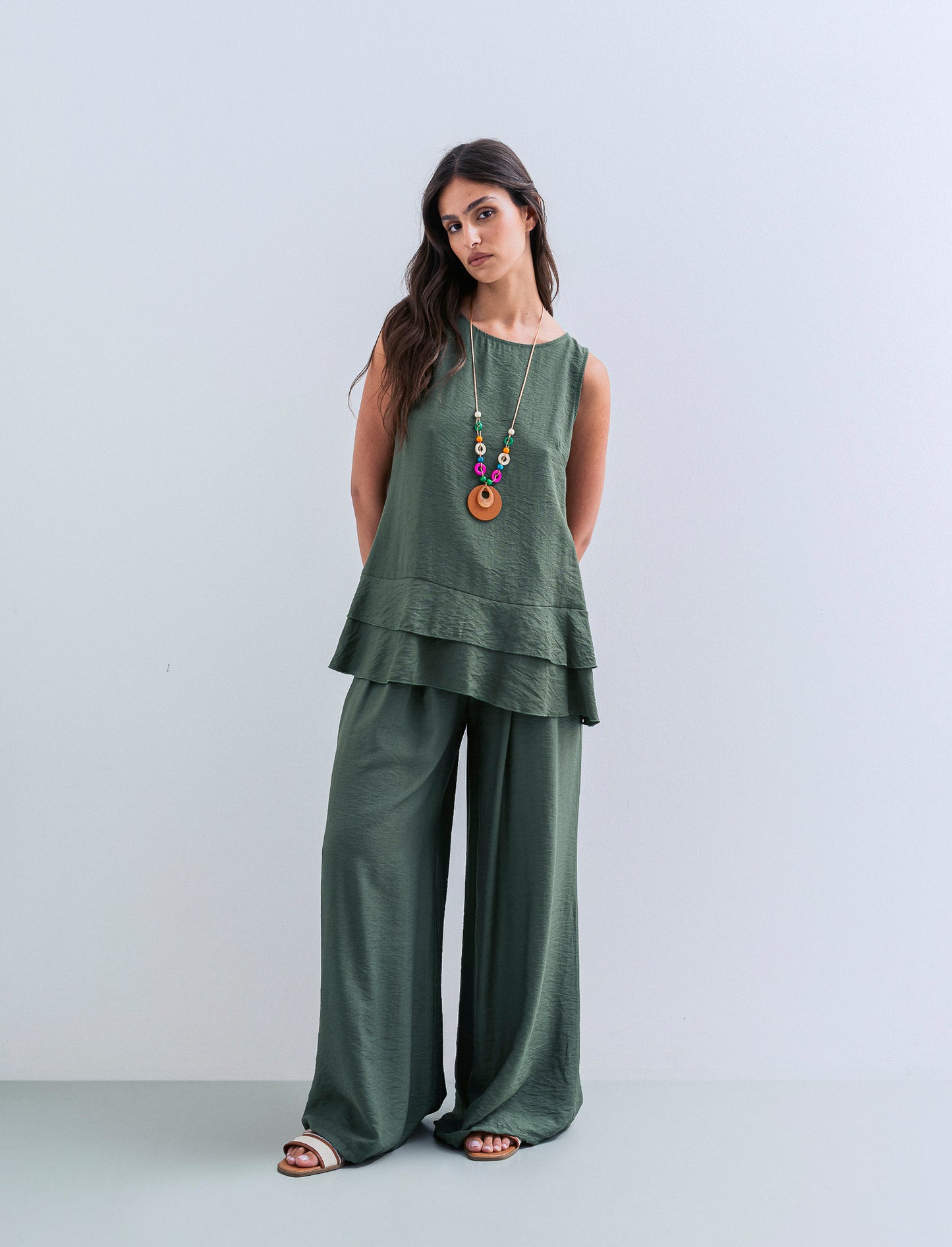 Pantalone a palazzo con cintura - Verde militare