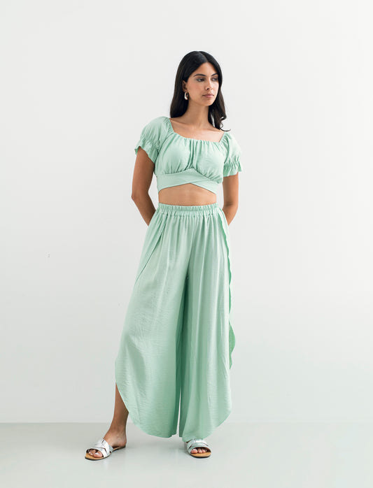 Pantalone a palazzo con elastico in vita - Verde acqua