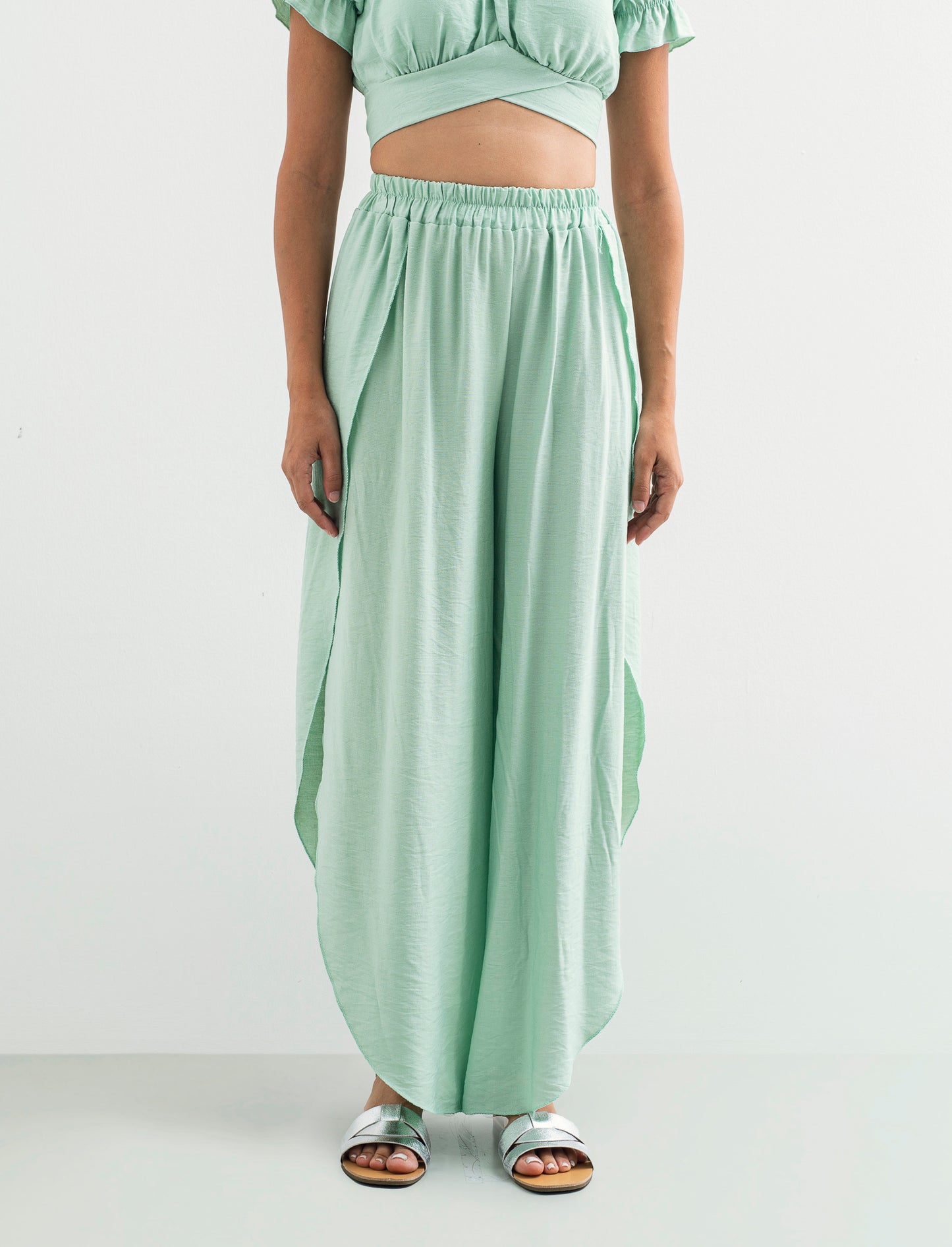 Pantalone a palazzo con elastico in vita - Verde acqua
