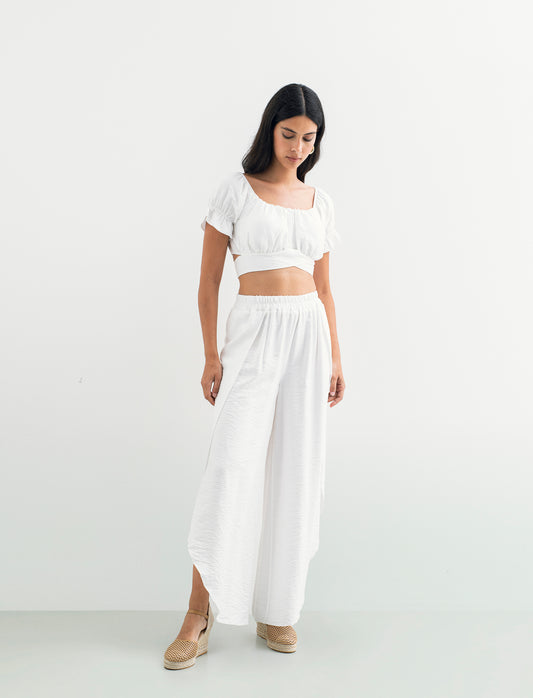 Pantalone a palazzo con elastico in vita - Bianco