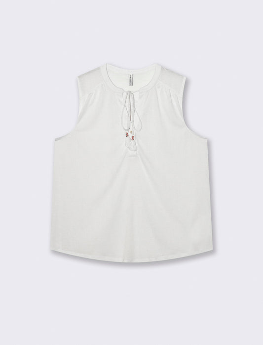 Camicia Giromanica con Scollo a V e Laccetto - Bianco
