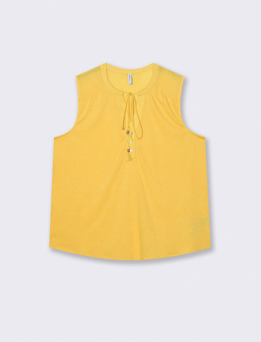 Camicia Giromanica con Scollo a V e Laccetto - Giallo limone