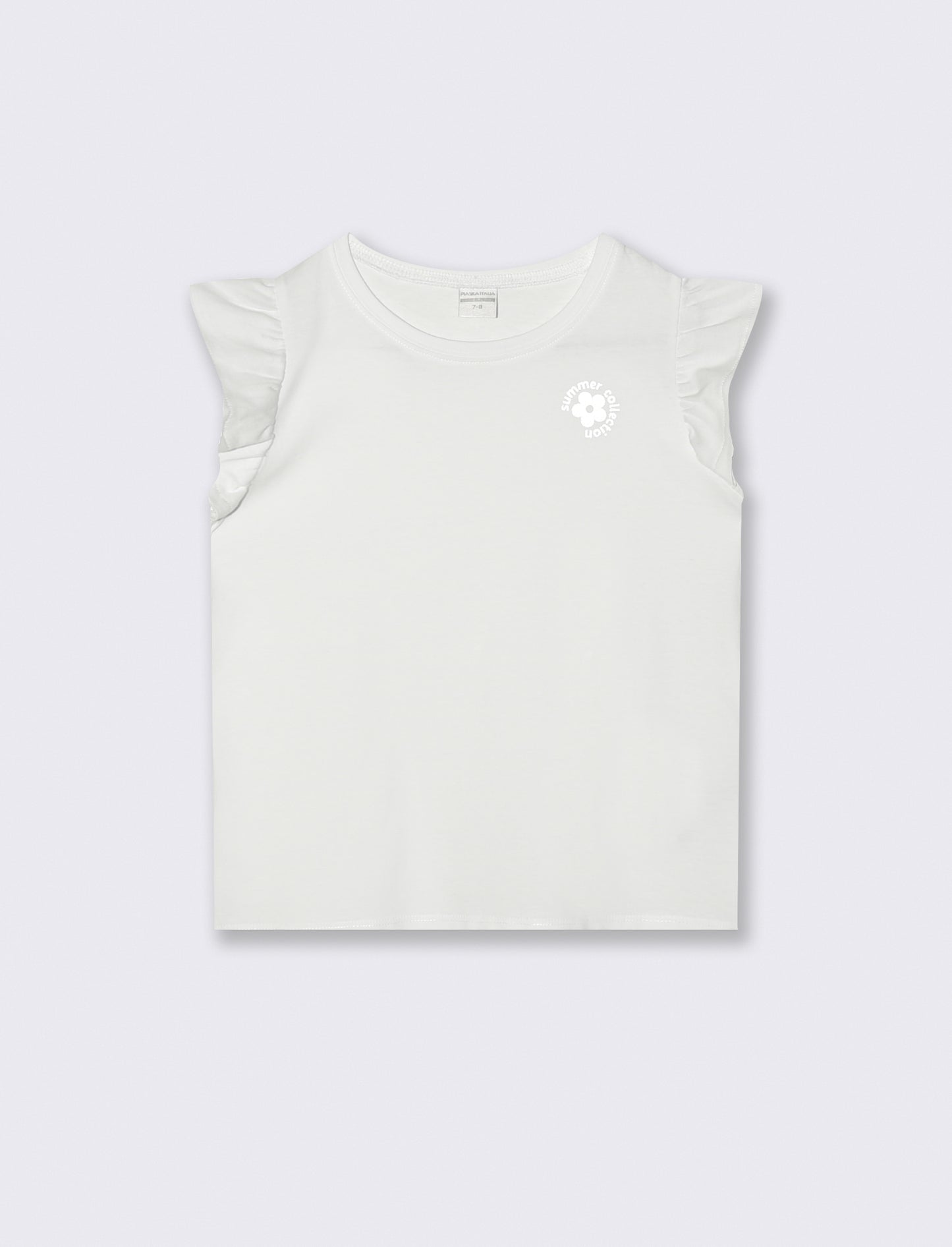 T-shirt mezza manica con volant e stampa lucida - Bianco