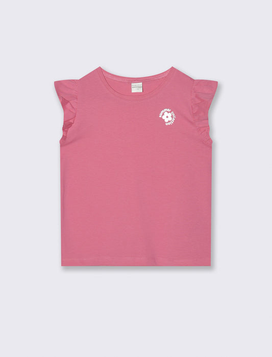 T-shirt mezza manica con volant e stampa lucida - Rosa big bubble