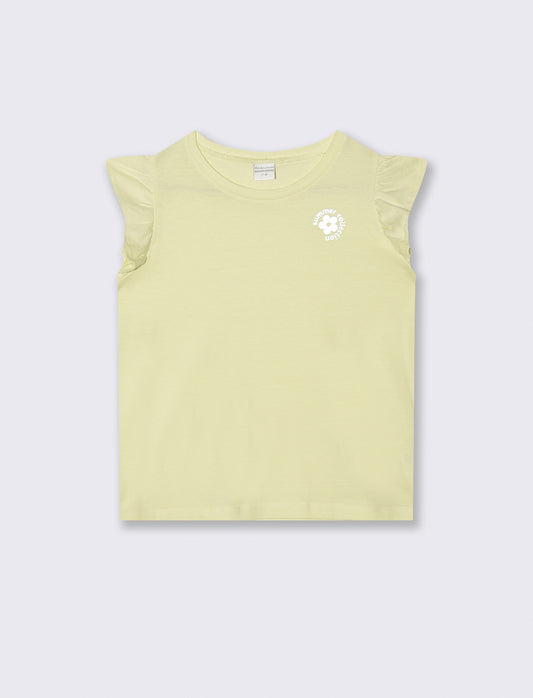 T-shirt mezza manica con volant e stampa lucida - Giallo