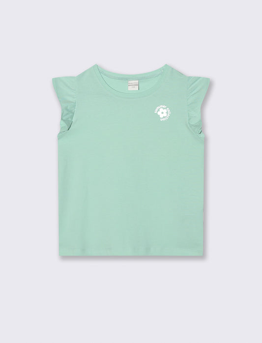 T-shirt mezza manica con volant e stampa lucida - Verde acqua