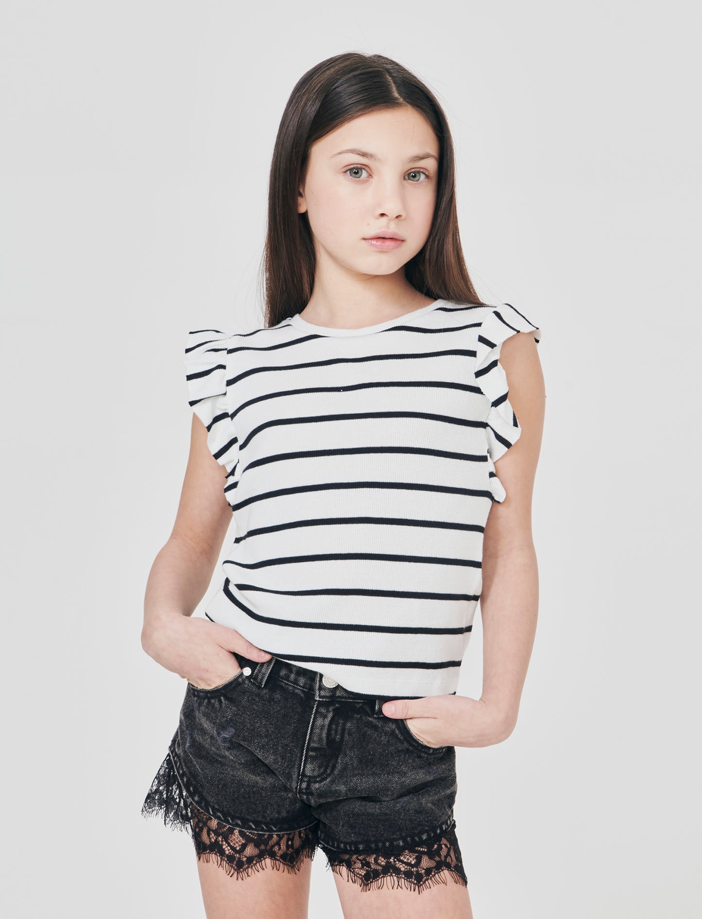 Striped ribbed girlâ€s T-shirt - White