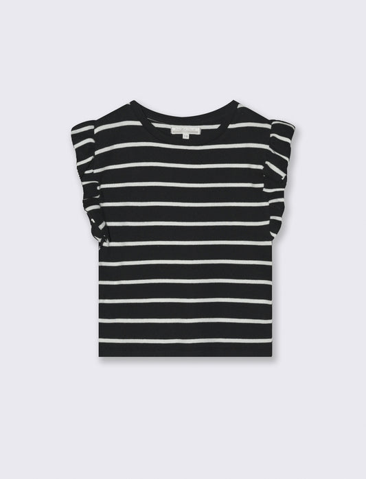 T-shirt da bambina in costina a righe - Nero-bianco