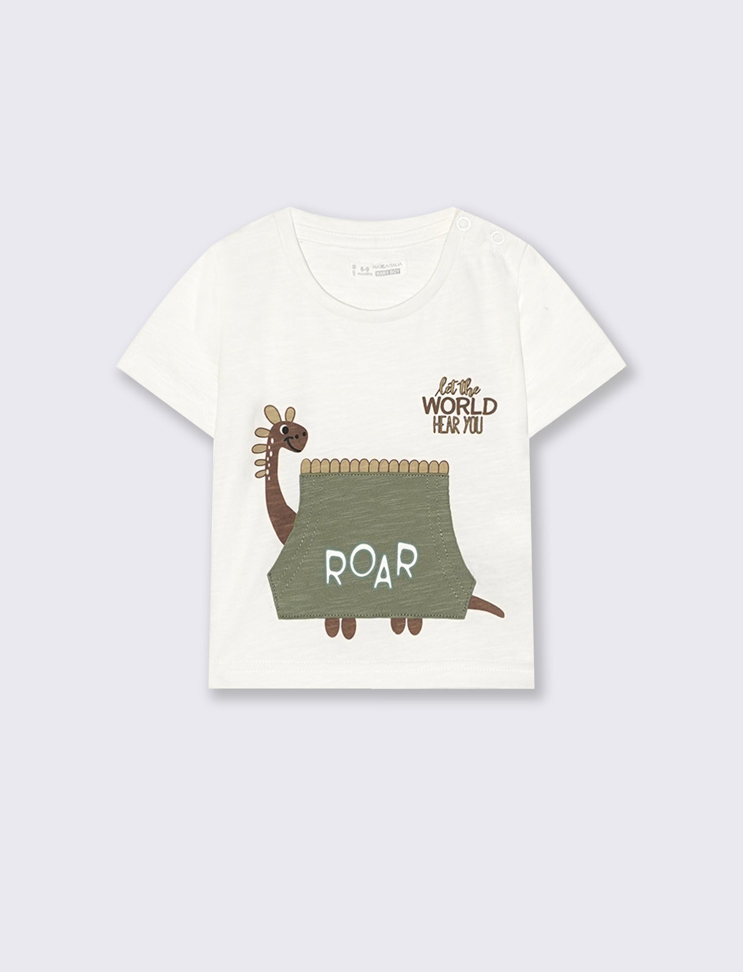 T-shirt estiva con dinosauro e tasca marsupio - Bianco latte