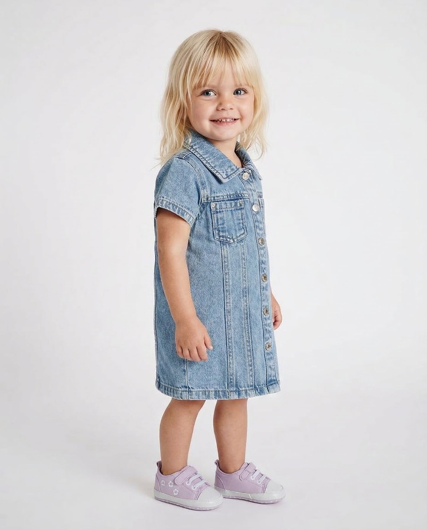 Abito Denim con Collo a Camicia e Ricamo - Denim