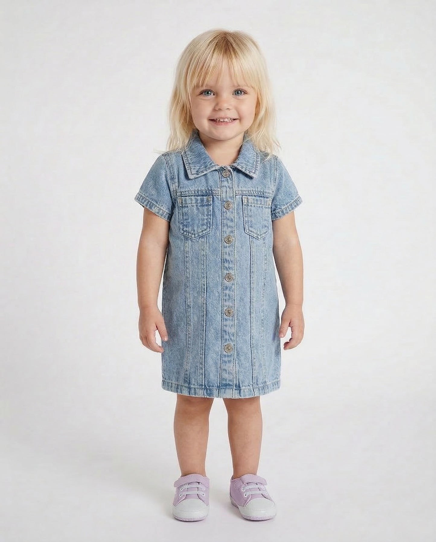 Abito Denim con Collo a Camicia e Ricamo - Denim