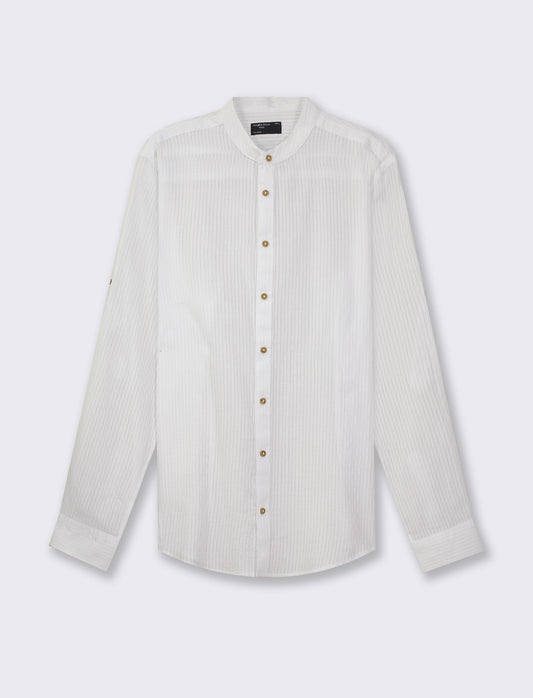 Lightweight Regular Fit Shirt with Korean Collar and Wooden Button Closure - White