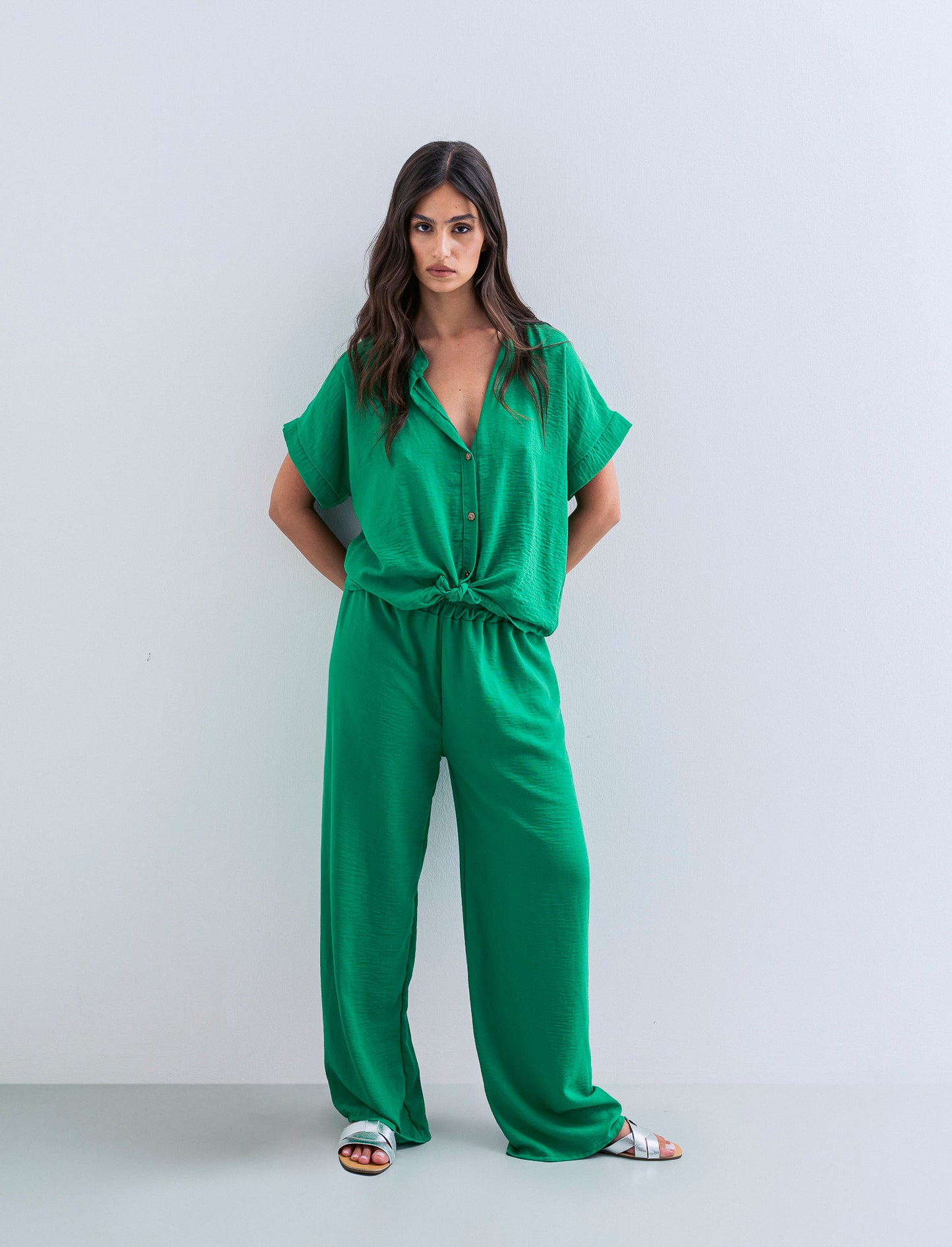 Pantalone palazzo con elastico - Verde