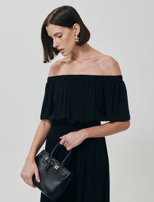 Vestito lungo off shoulder con arricciature - Nero