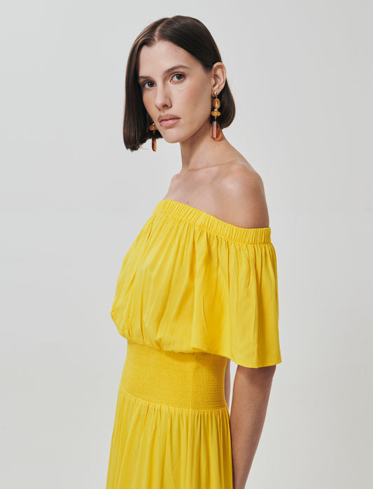 Vestito lungo off shoulder con arricciature - Giallo limone