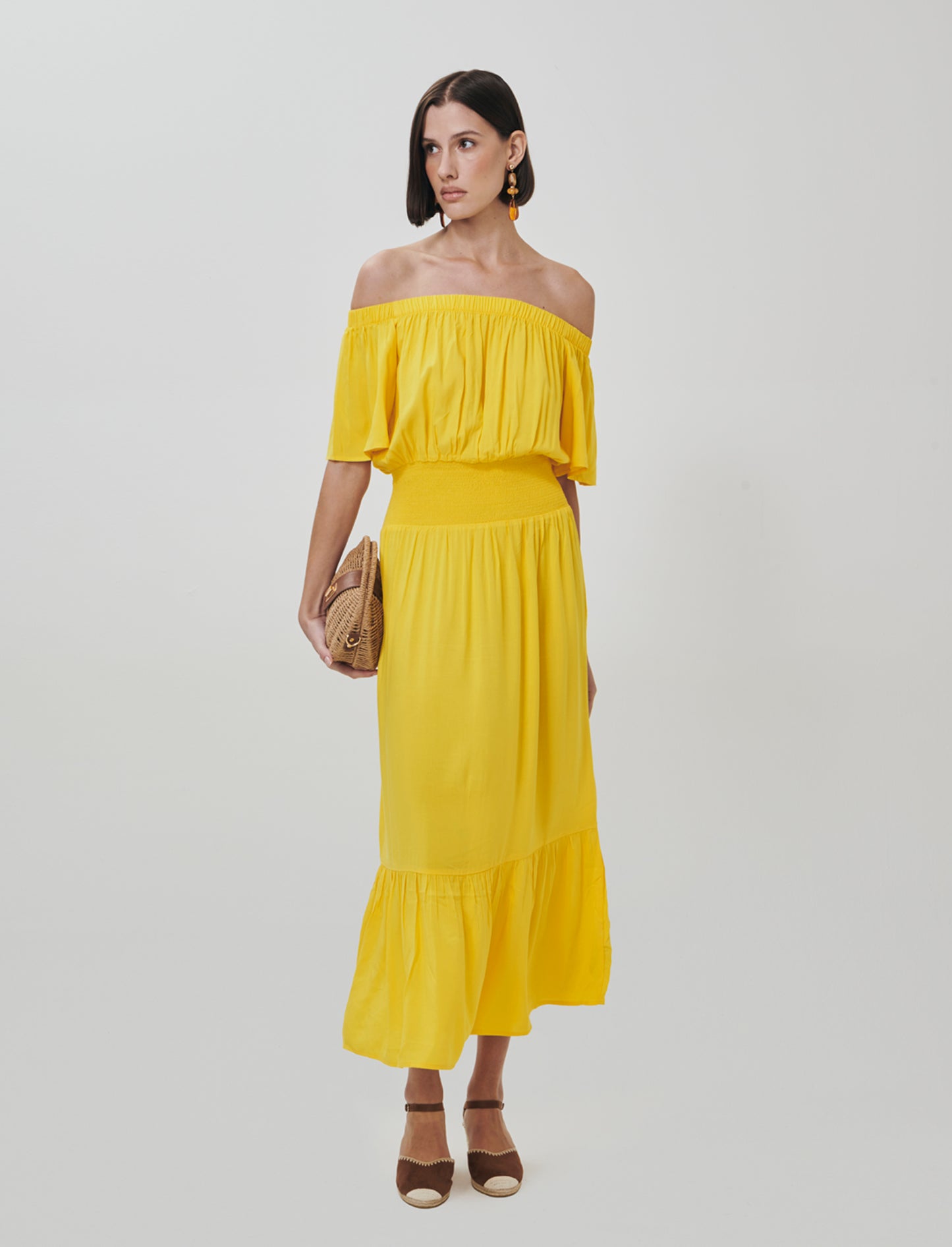 Vestito lungo off shoulder con arricciature - Giallo limone