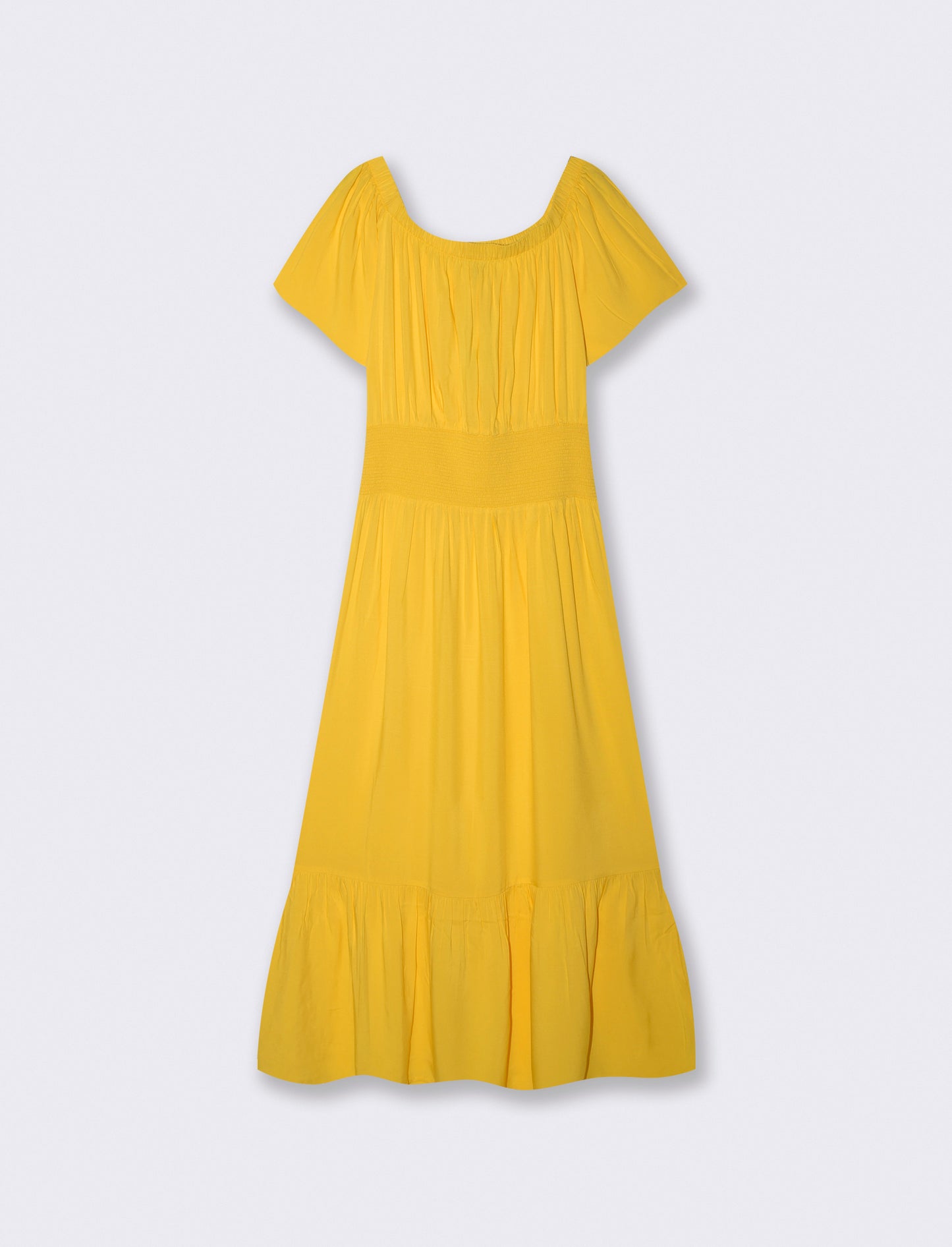 Vestito lungo off shoulder con arricciature - Giallo limone