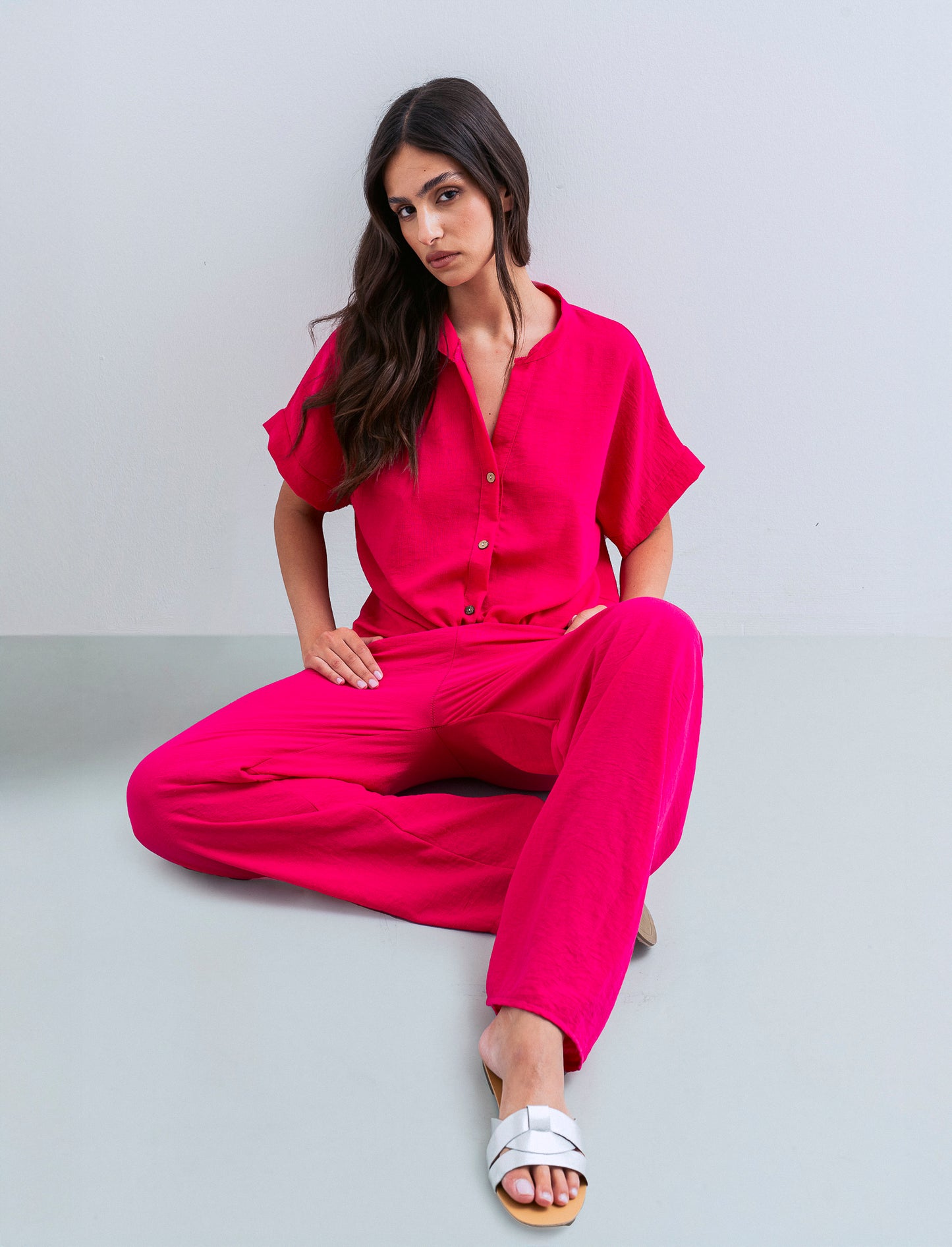 Camicia mezza manica collo coreana - Fuxia