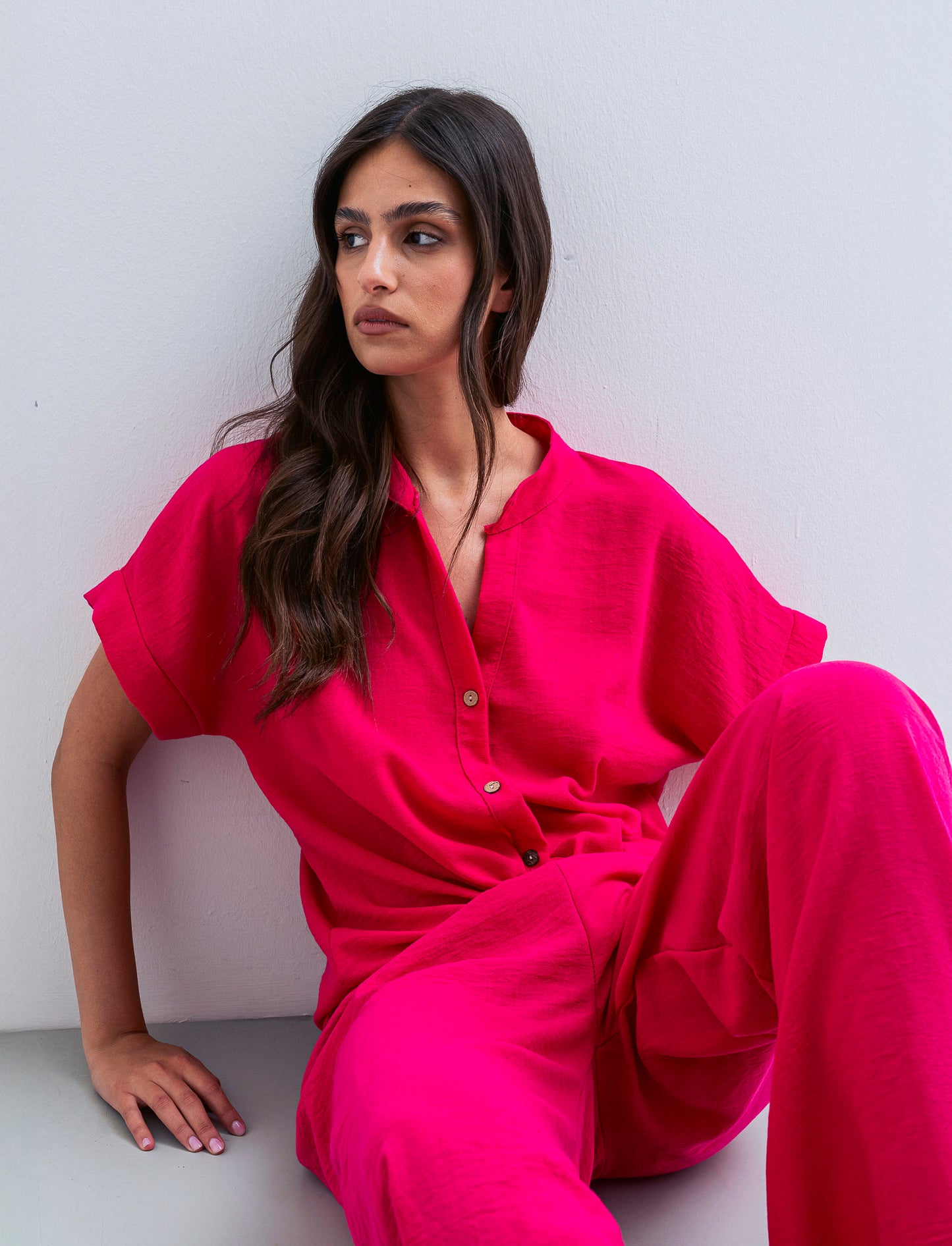 Camicia mezza manica collo coreana - Fuxia