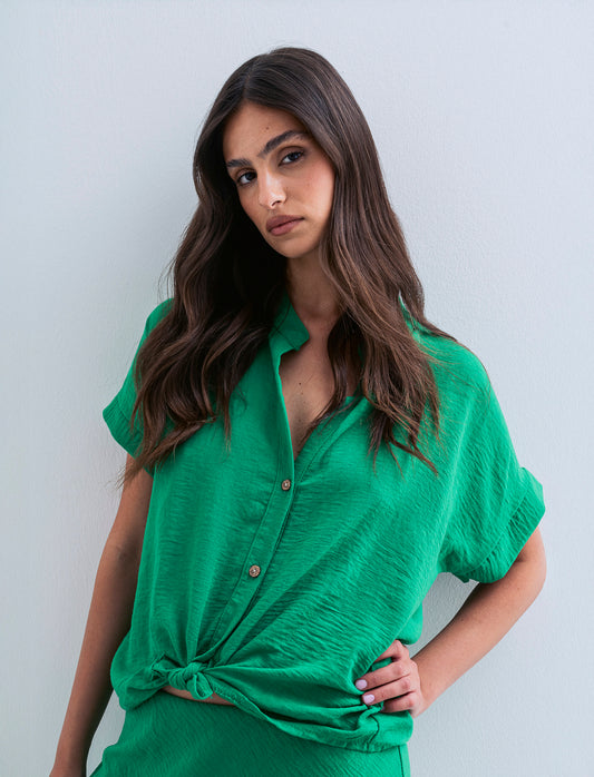 Camicia mezza manica collo coreana - Verde