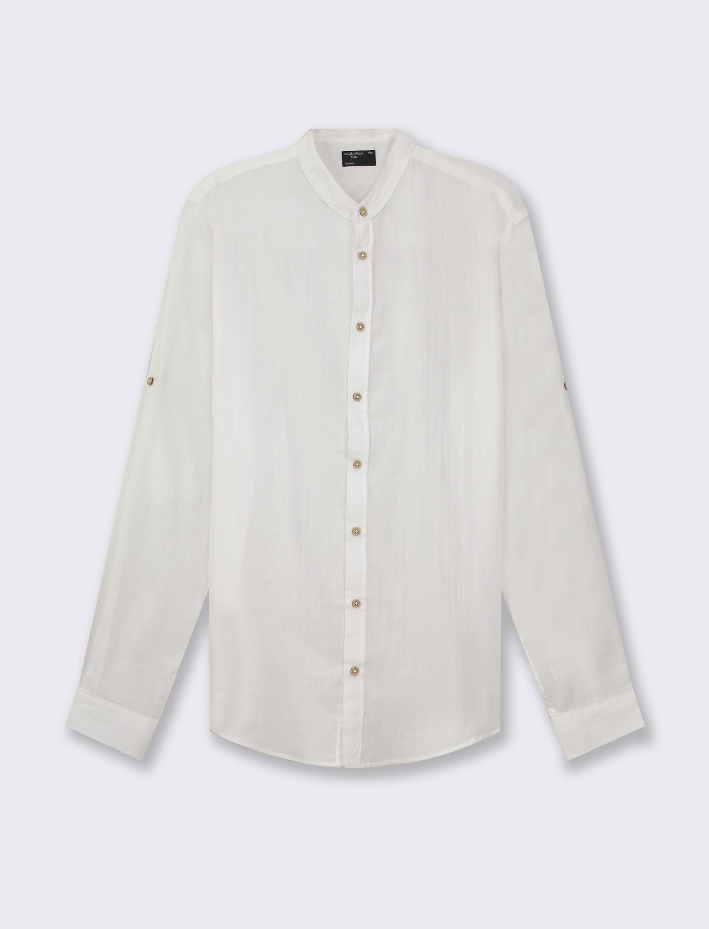 Lightweight Regular Fit Shirt with Korean Collar and Wooden Button Closure - White