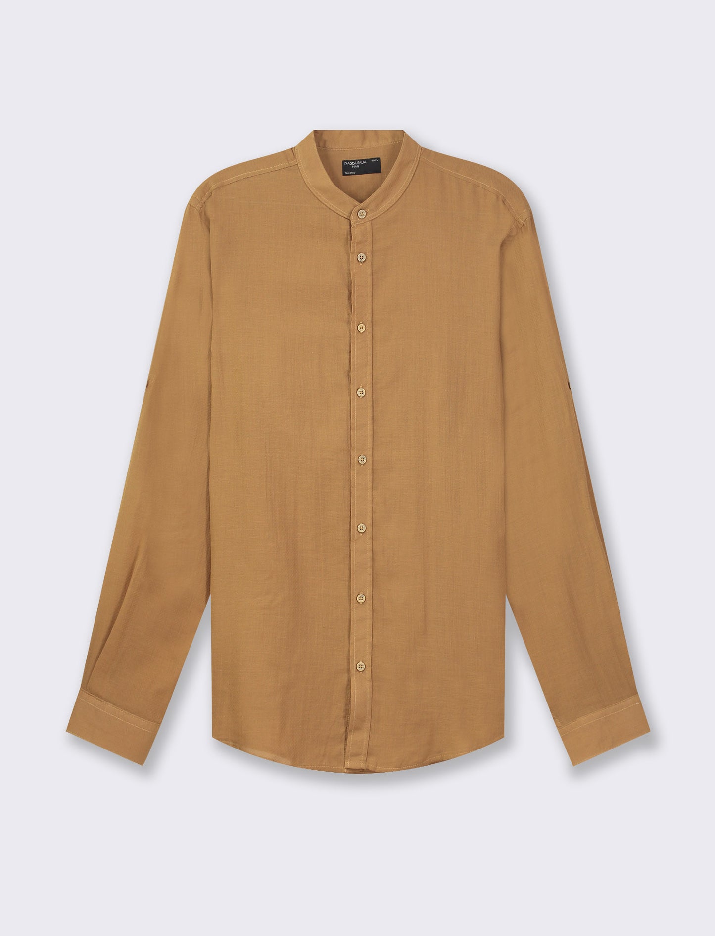 Lightweight Regular Fit Shirt with Korean Collar and Wooden Button Closure - Brown