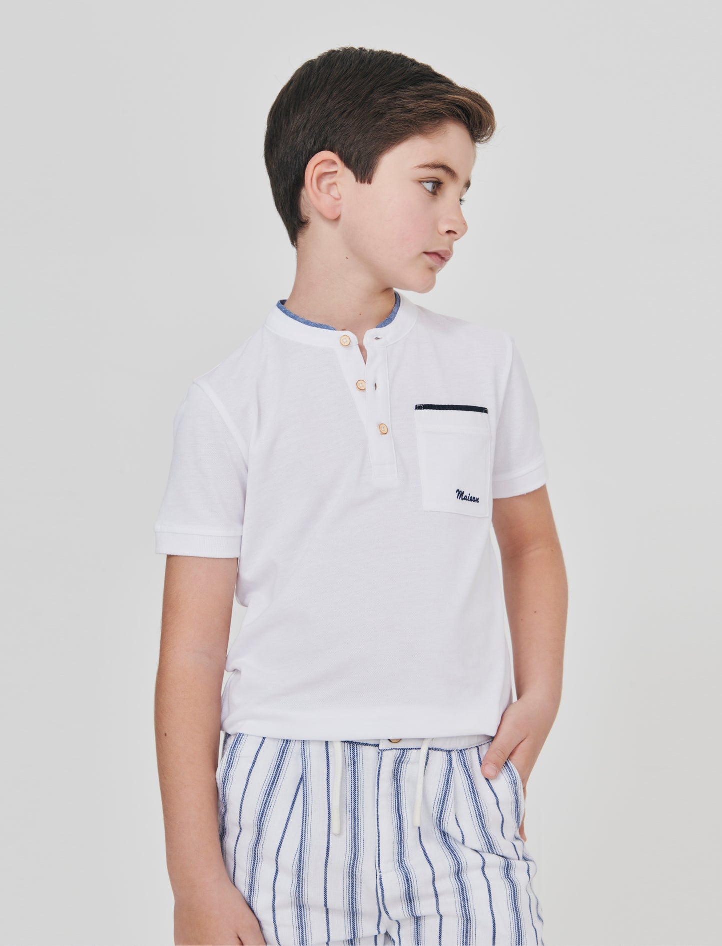 T-shirt collo coreano in Piquet di cotone - Bianco