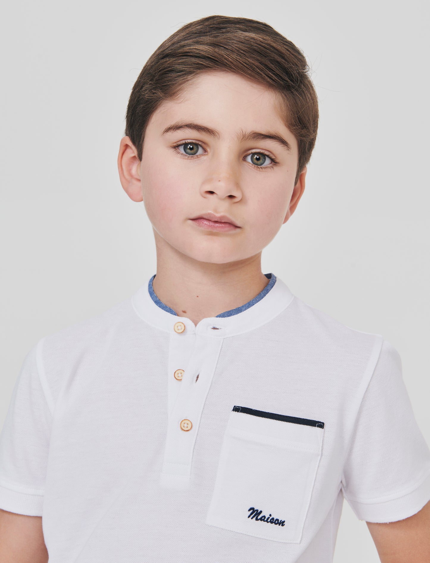 T-shirt collo coreano in Piquet di cotone - Bianco