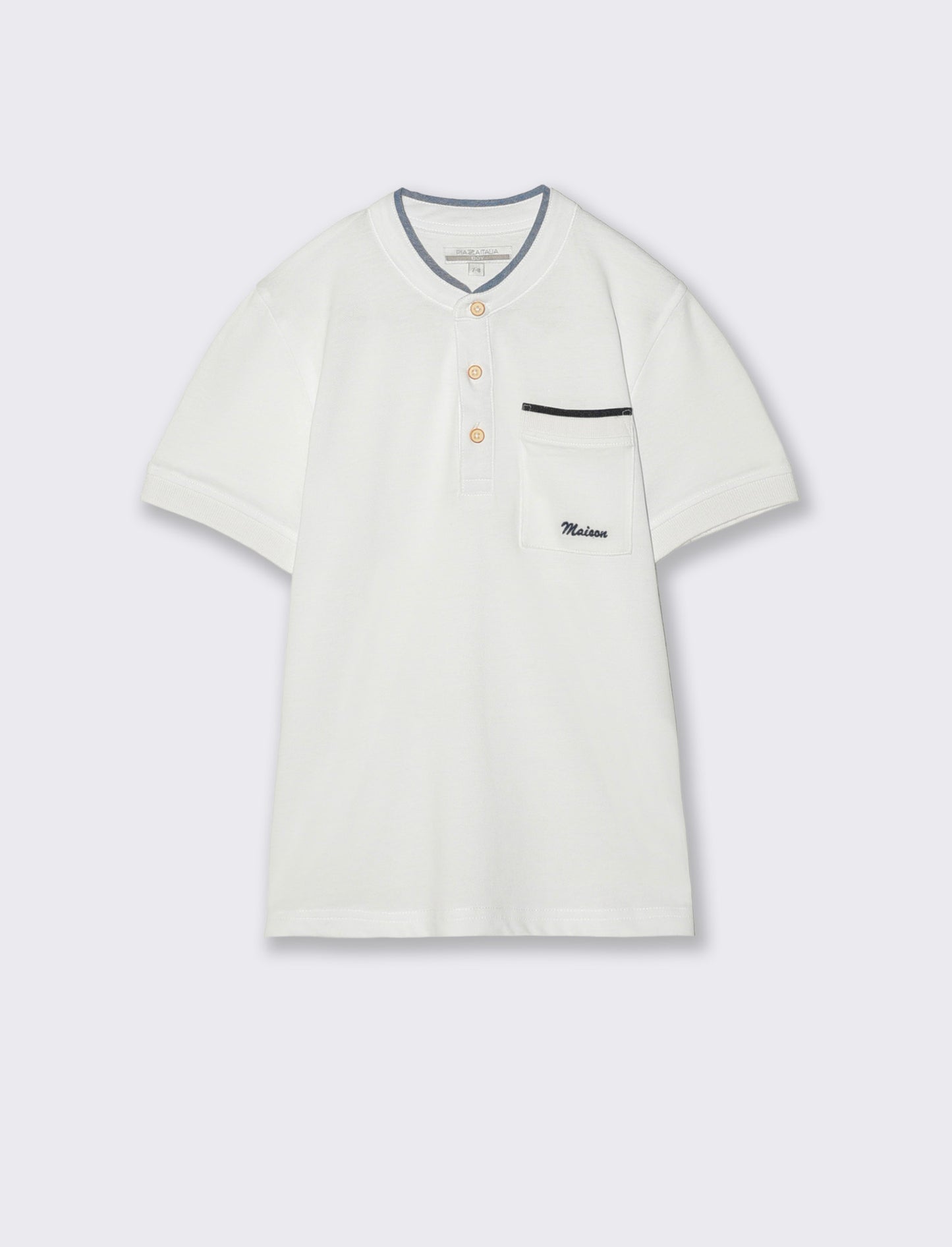 T-shirt collo coreano in Piquet di cotone - Bianco