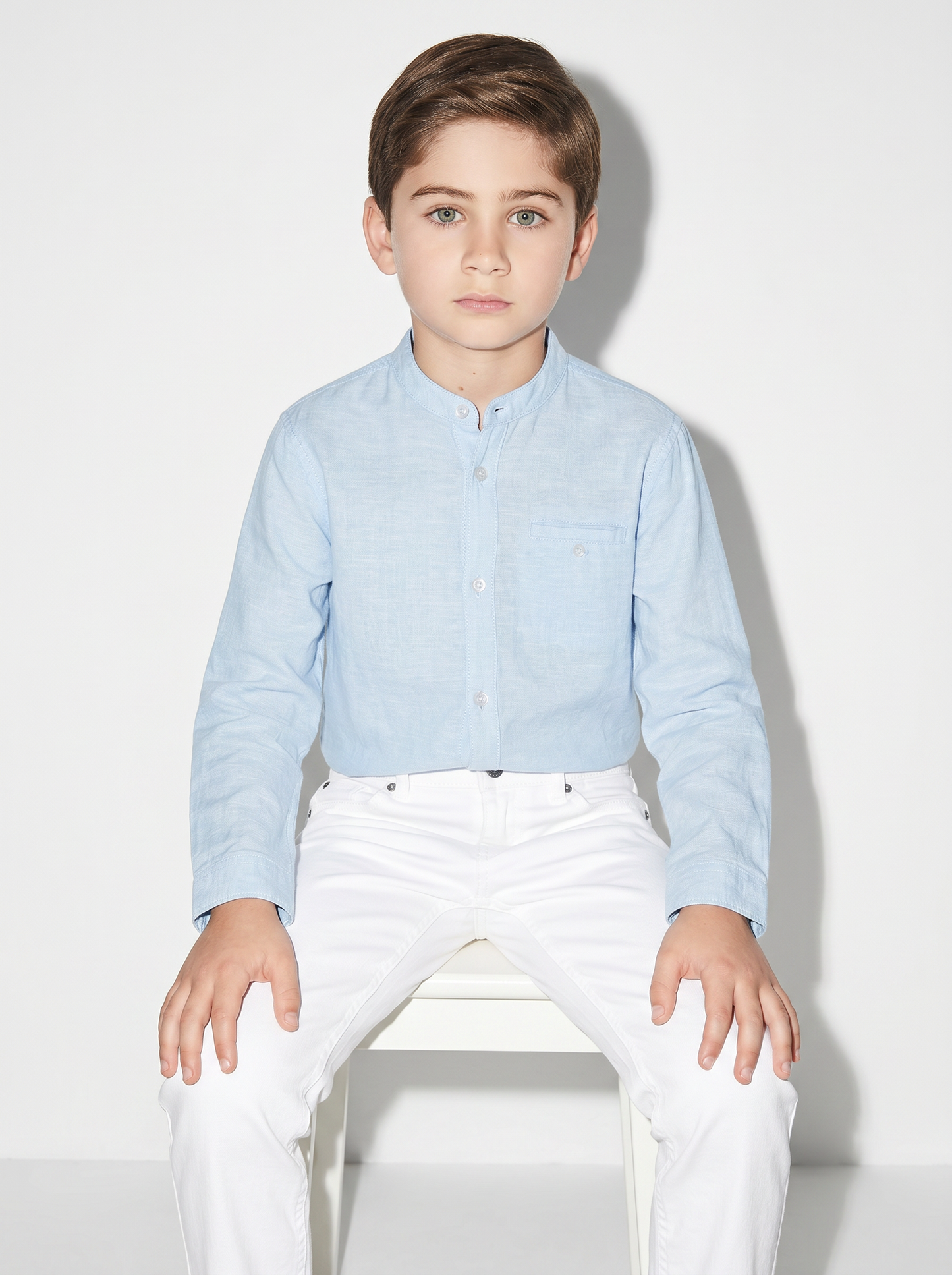 Camicia coreana in cotone e lino maniche lunghe - Celeste