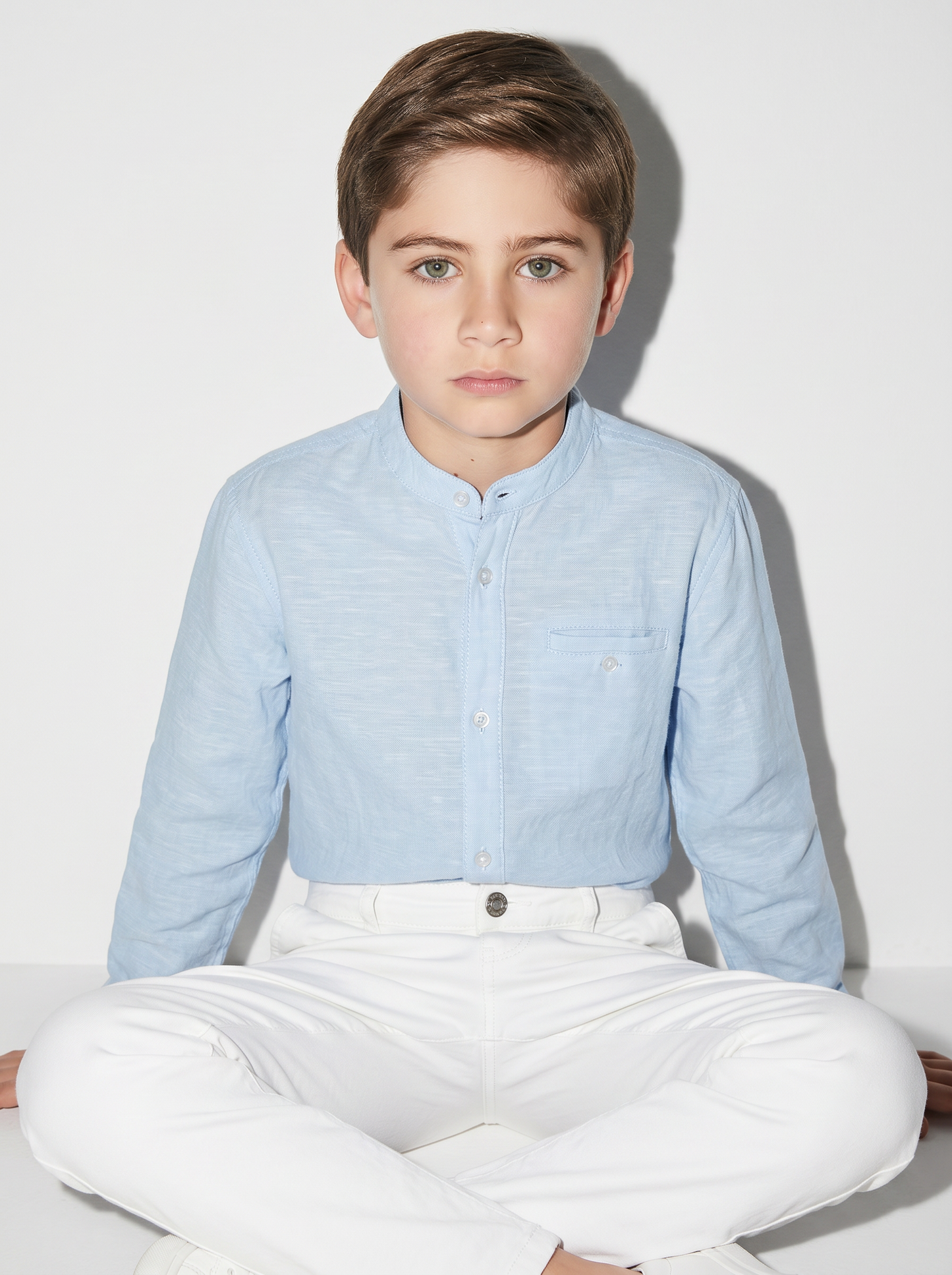 Camicia coreana in cotone e lino maniche lunghe - Celeste